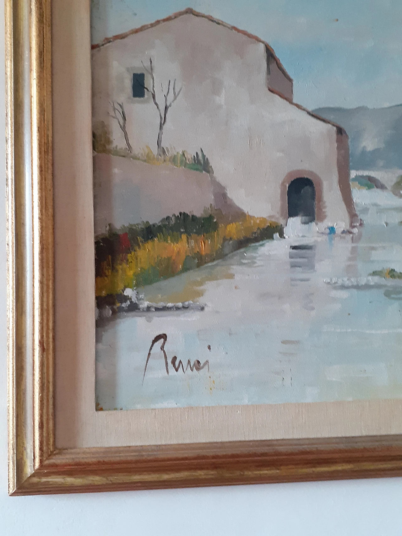 Dipinto di paesaggio di Renai olio du tela, anni '70 3