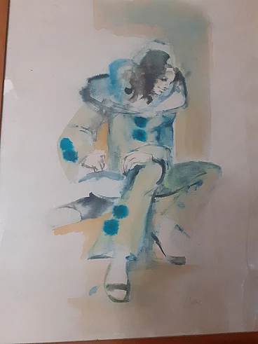Pierrot painting watercolor, 70s