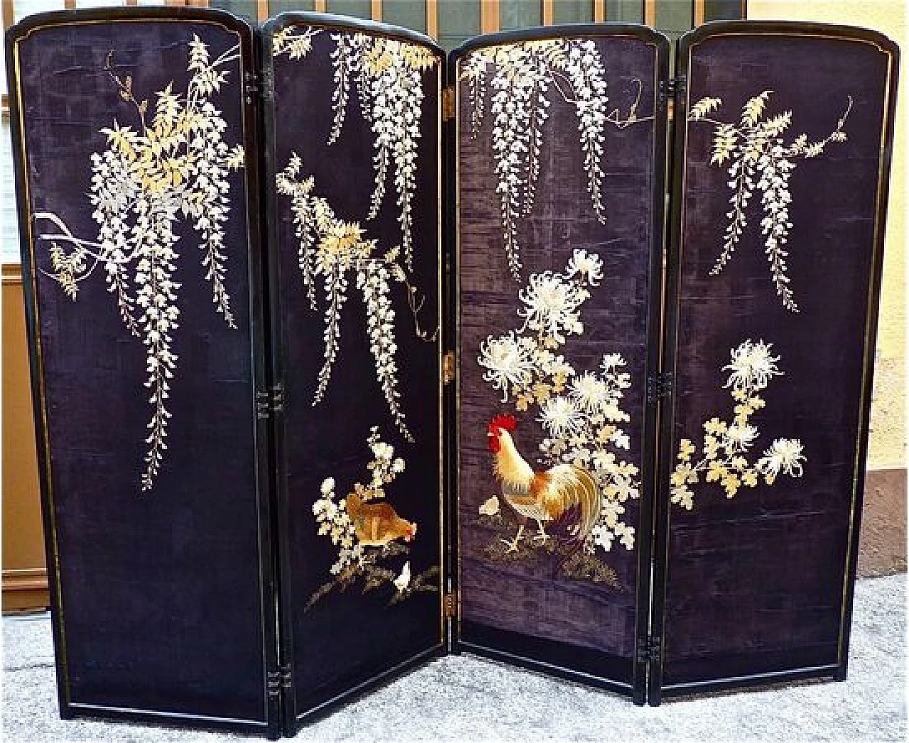 Paravento GIAPPONE in legno, ricamato in seta, '800 11