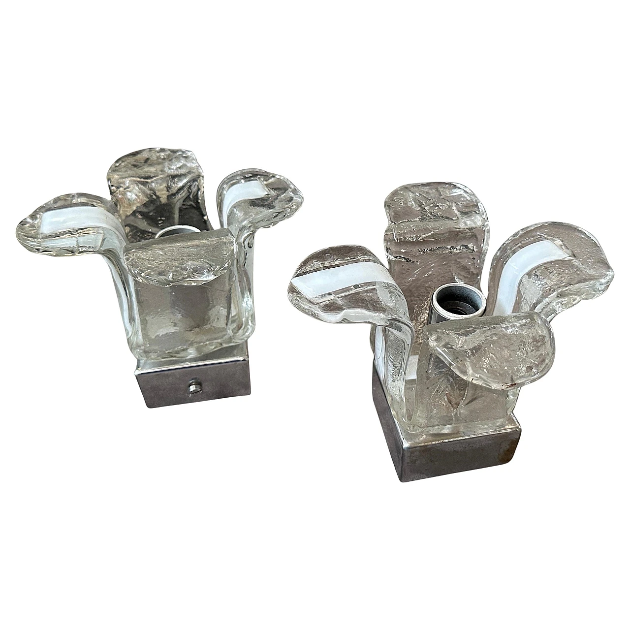 Pair of space age Murano glass and steel wall sconces by Mazzega, 60s 1