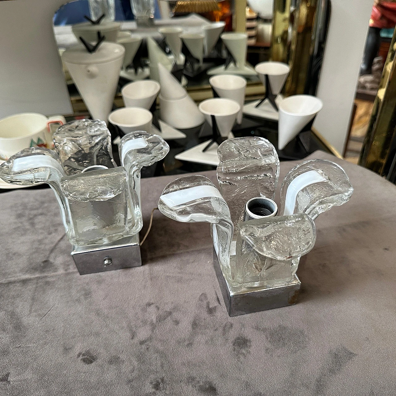 Pair of space age Murano glass and steel wall sconces by Mazzega, 60s 2