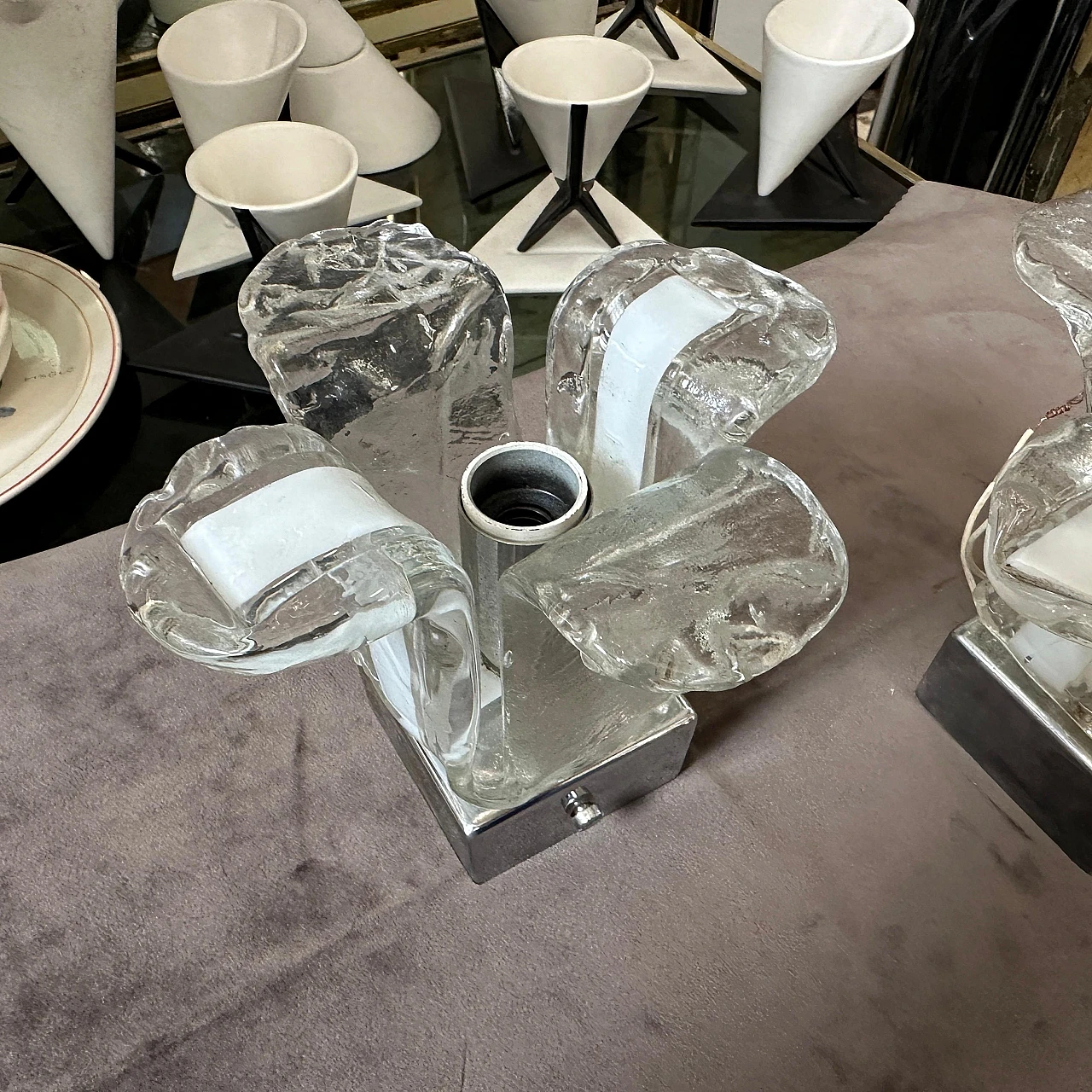 Pair of space age Murano glass and steel wall sconces by Mazzega, 60s 3