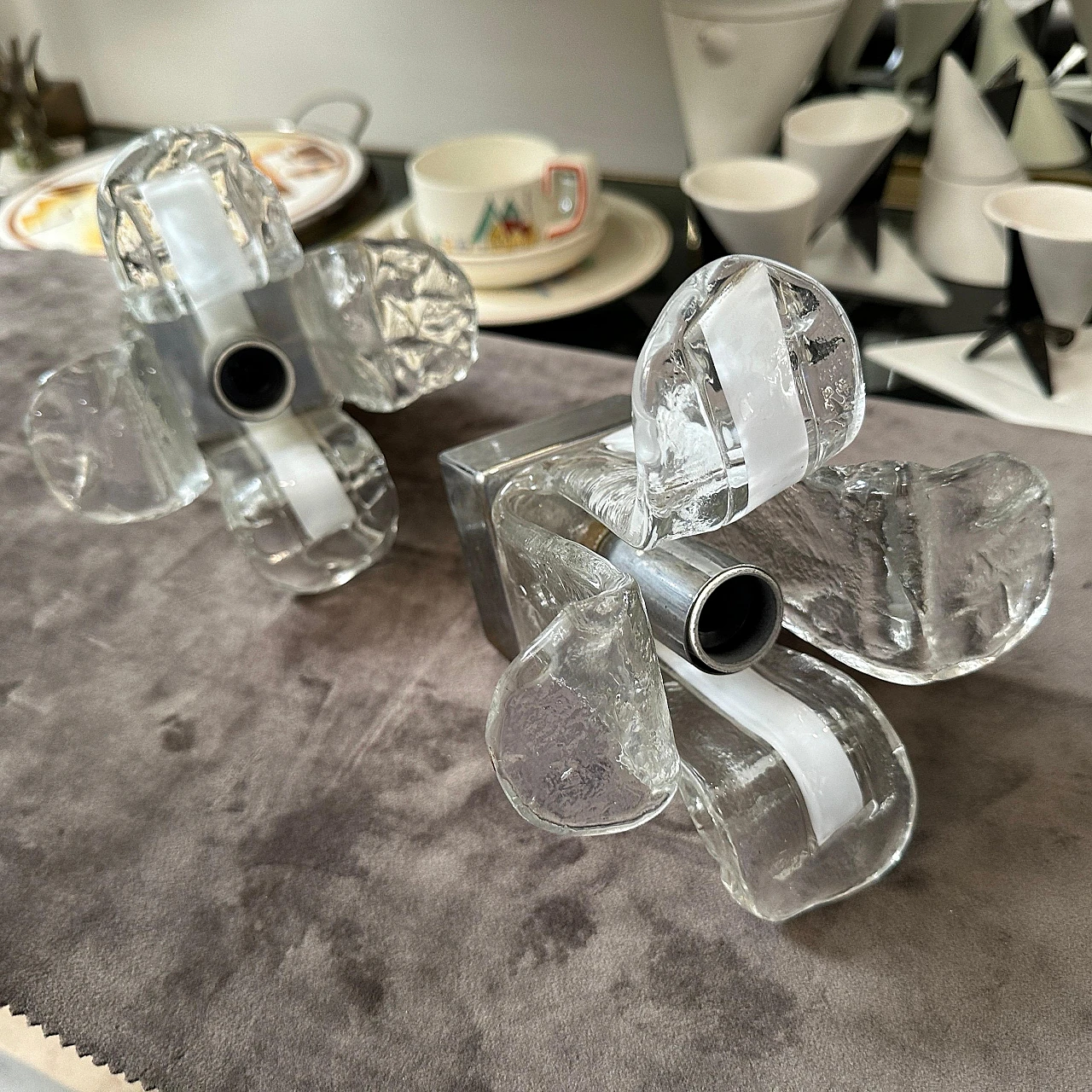 Pair of space age Murano glass and steel wall sconces by Mazzega, 60s 4