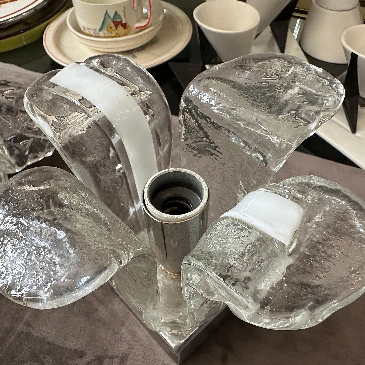 Pair of space age Murano glass and steel wall sconces by Mazzega, 60s 6