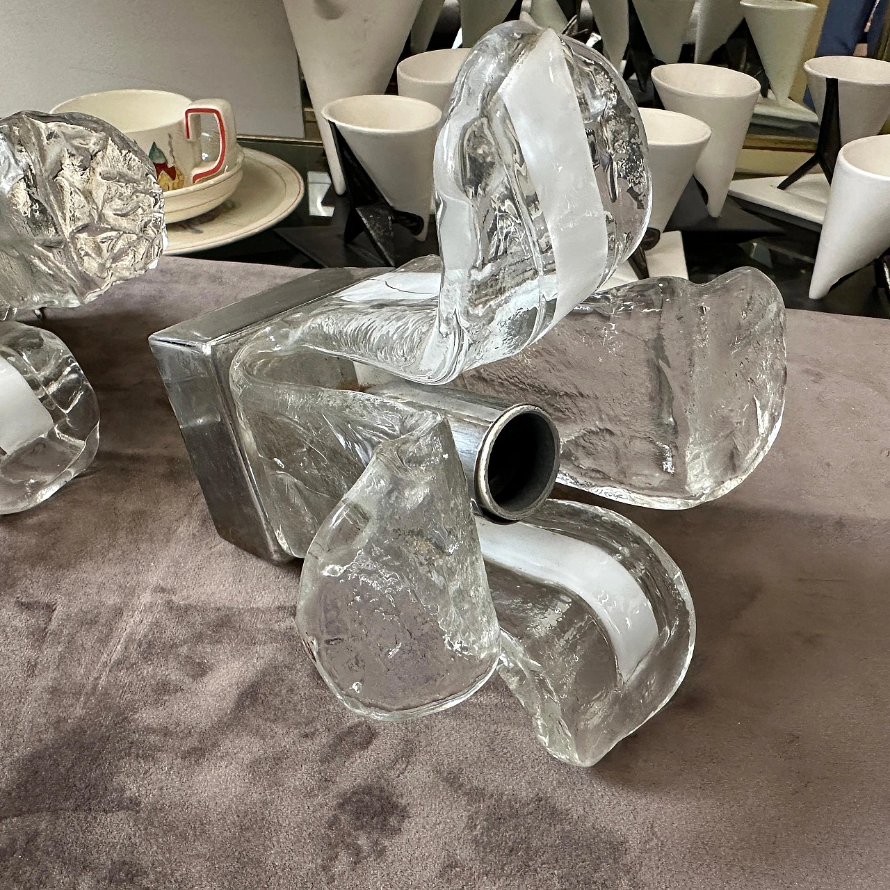 Pair of space age Murano glass and steel wall sconces by Mazzega, 60s 7