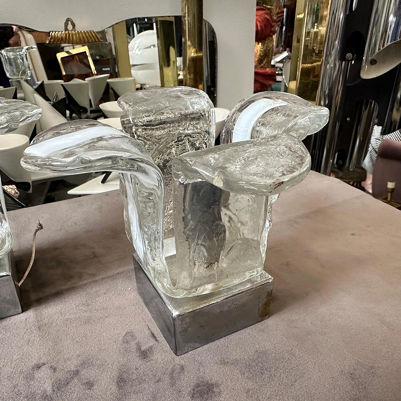 Pair of space age Murano glass and steel wall sconces by Mazzega, 60s 9