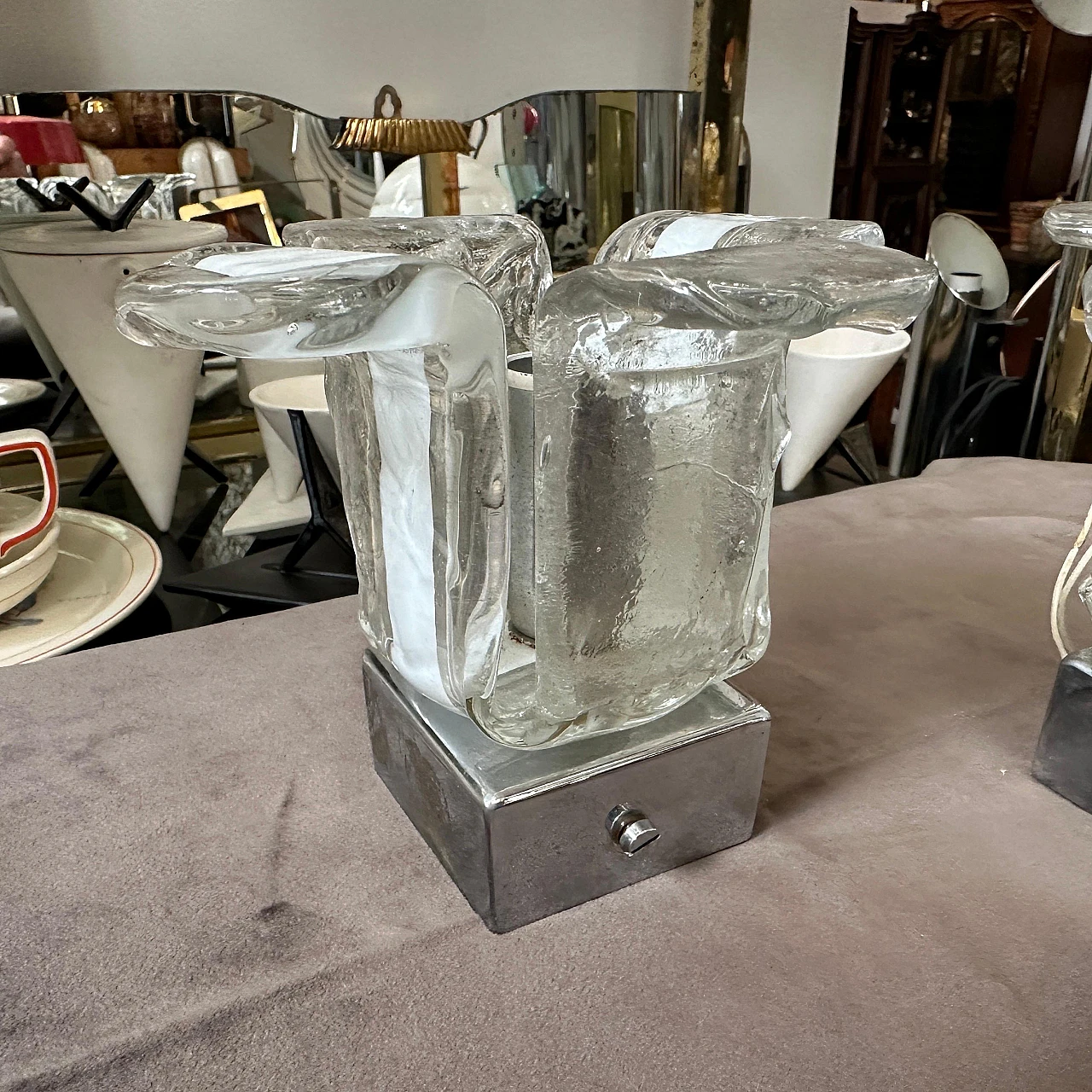 Pair of space age Murano glass and steel wall sconces by Mazzega, 60s 10