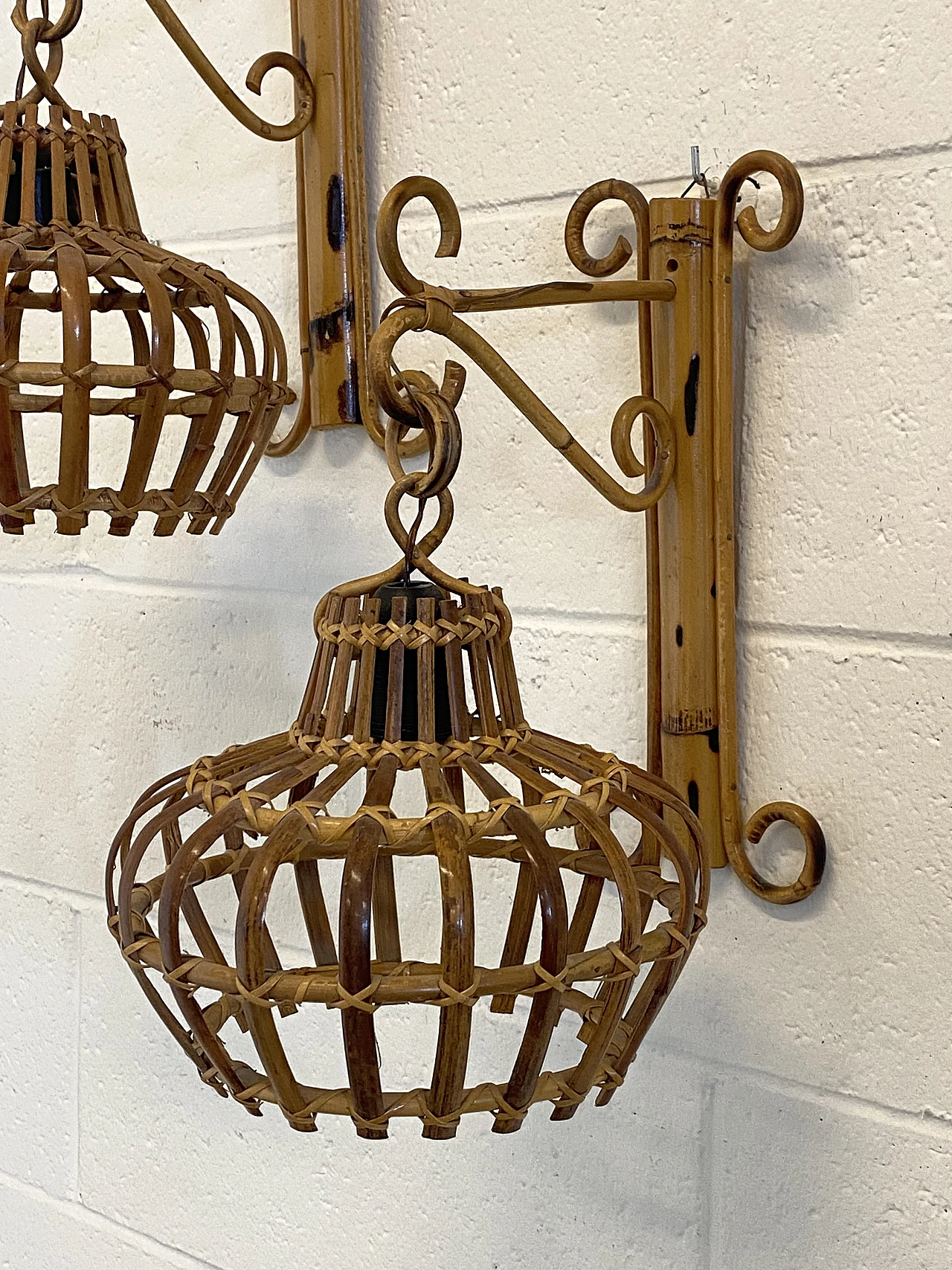 Pair of 70s wall sconces in rush and bamboo 12