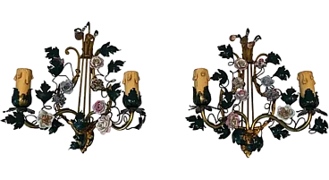 Coppia di applique in bronzo, metallo e porcellana, anni '40