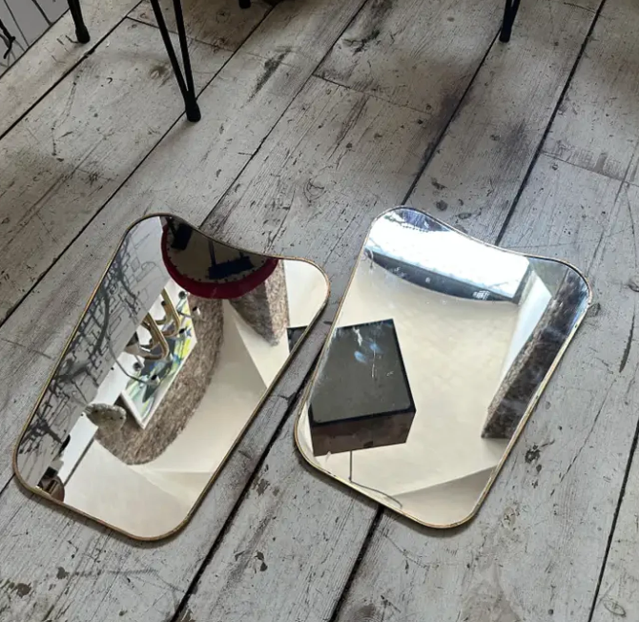 Pair of Gio Ponti style brass biscuit mirrors, 1960s 3
