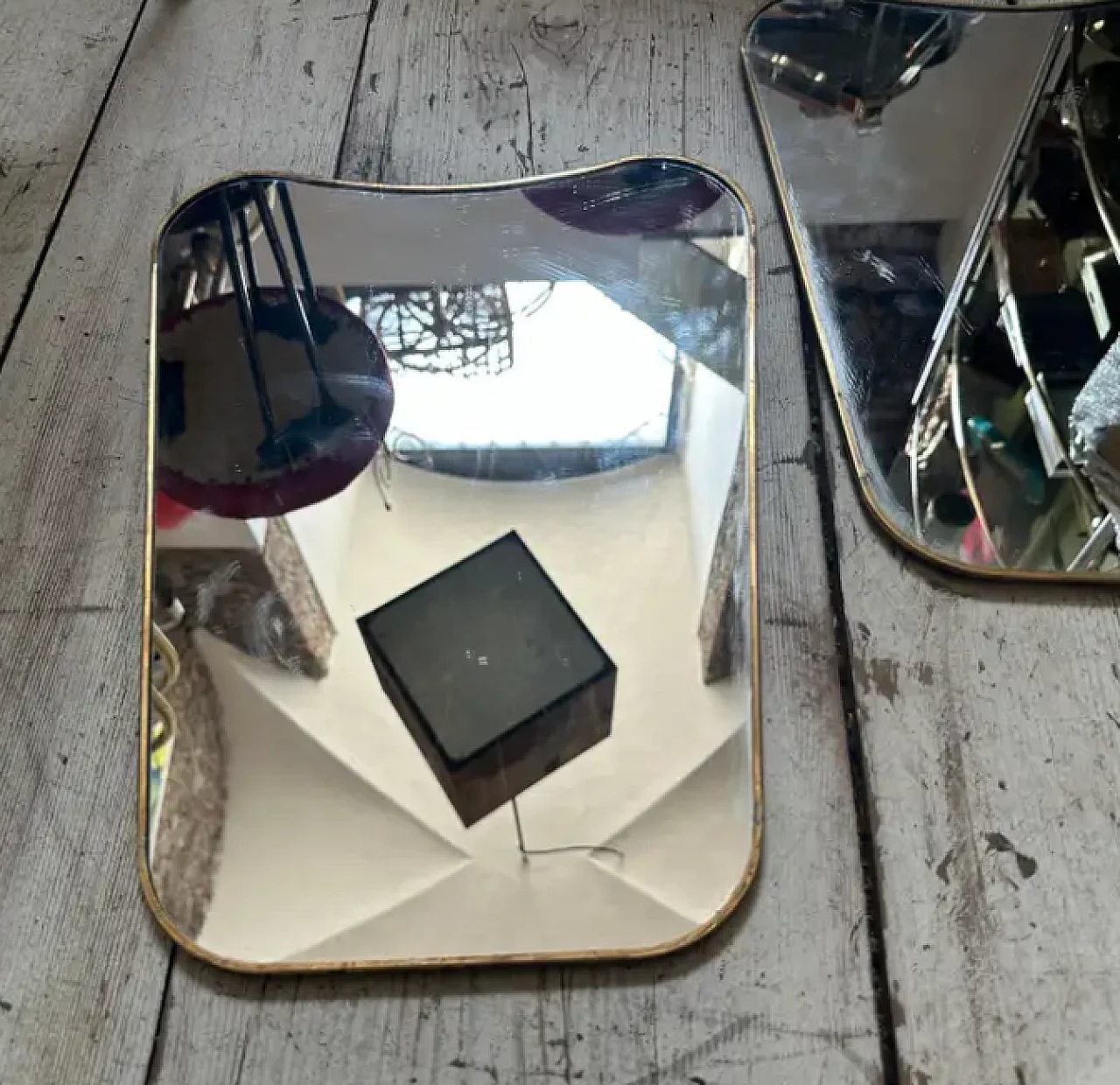 Pair of Gio Ponti style brass biscuit mirrors, 1960s 4