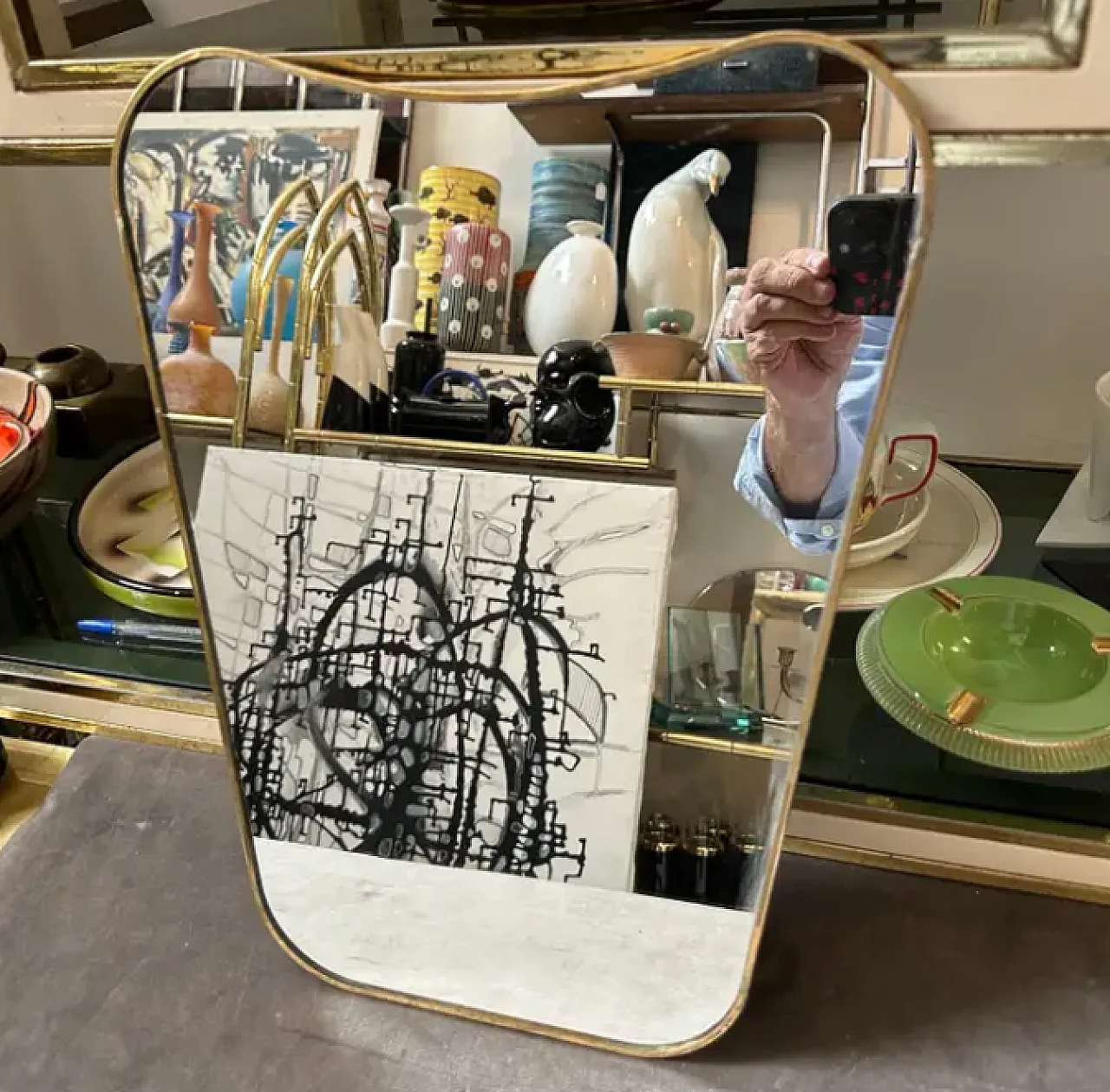 Pair of Gio Ponti style brass biscuit mirrors, 1960s 5