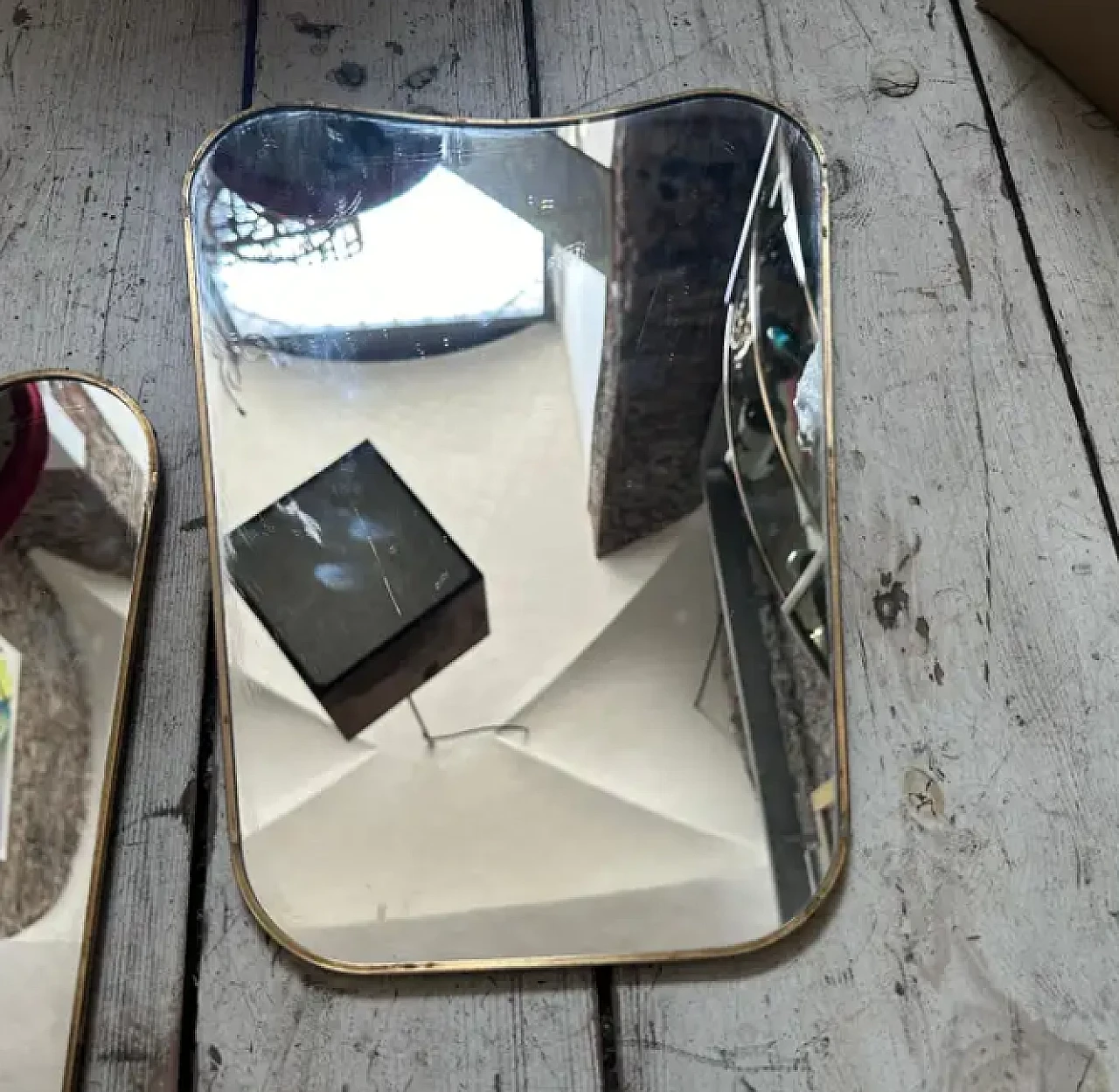 Pair of Gio Ponti style brass biscuit mirrors, 1960s 6