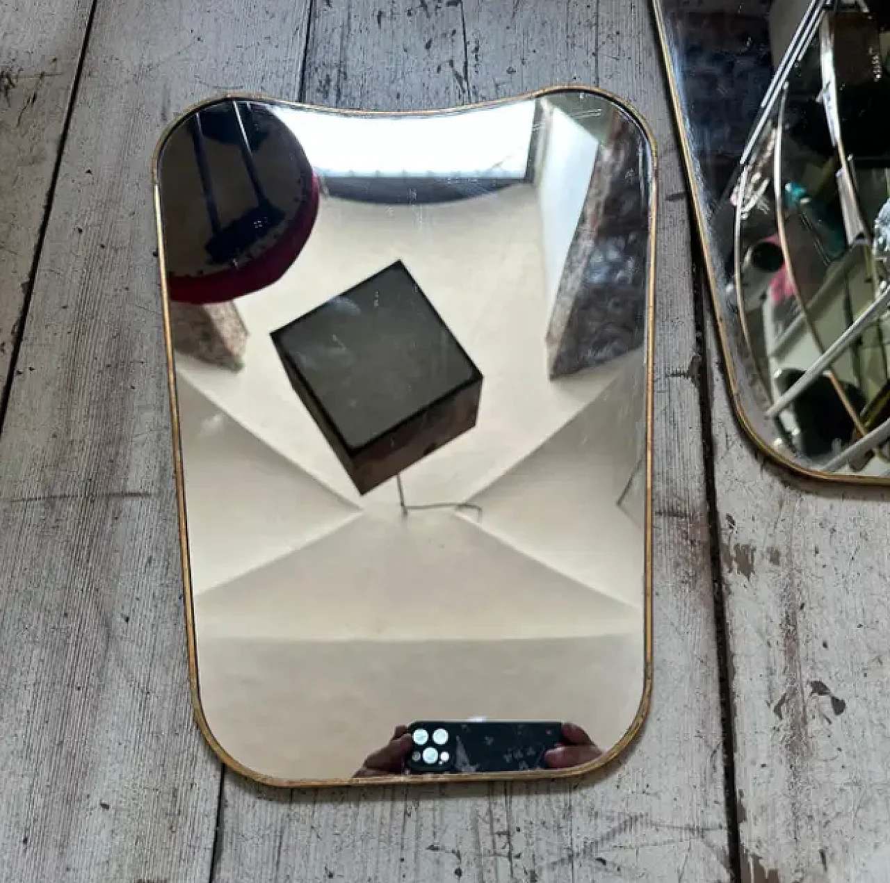 Pair of Gio Ponti style brass biscuit mirrors, 1960s 7