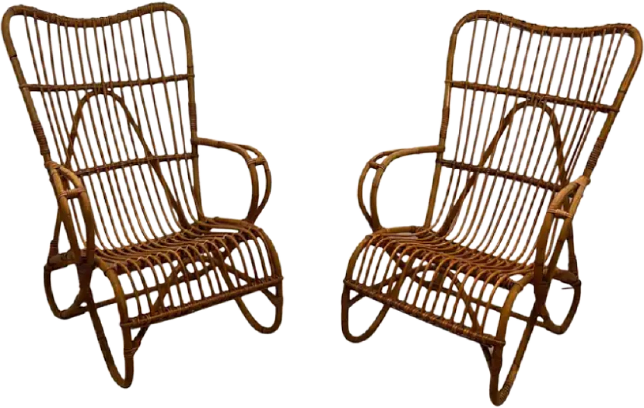 Coppia di poltrone alte di design in rattan, anni '50 13