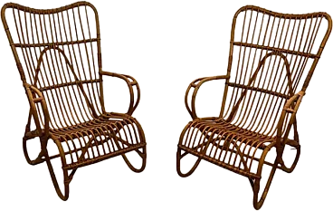 Coppia di poltrone alte di design in rattan, anni '50