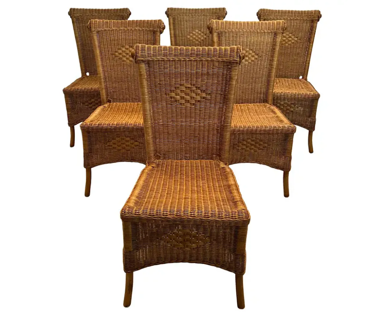 6 Sedie in rattan e legno, anni '70 1