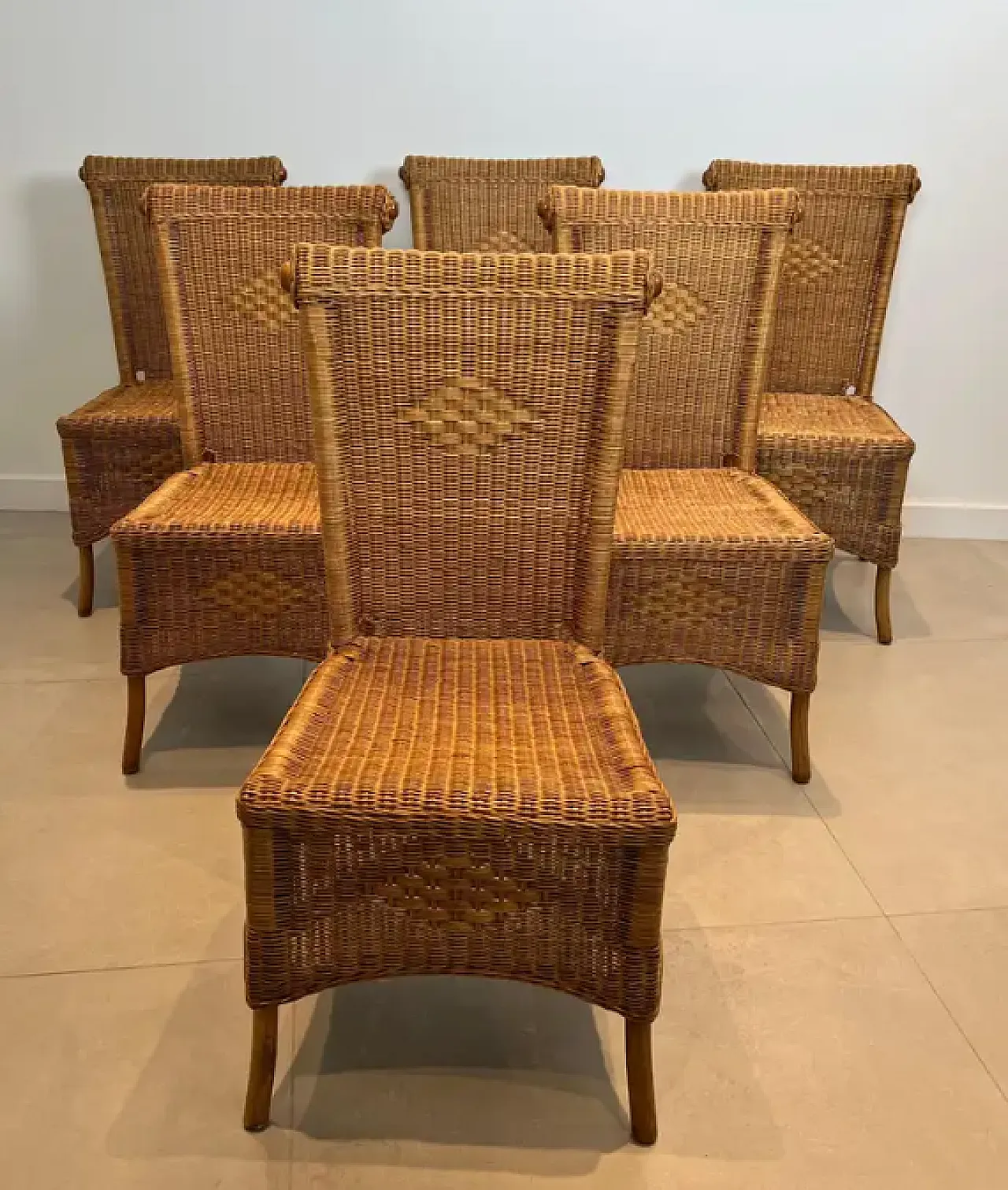 6 Sedie in rattan e legno, anni '70 2