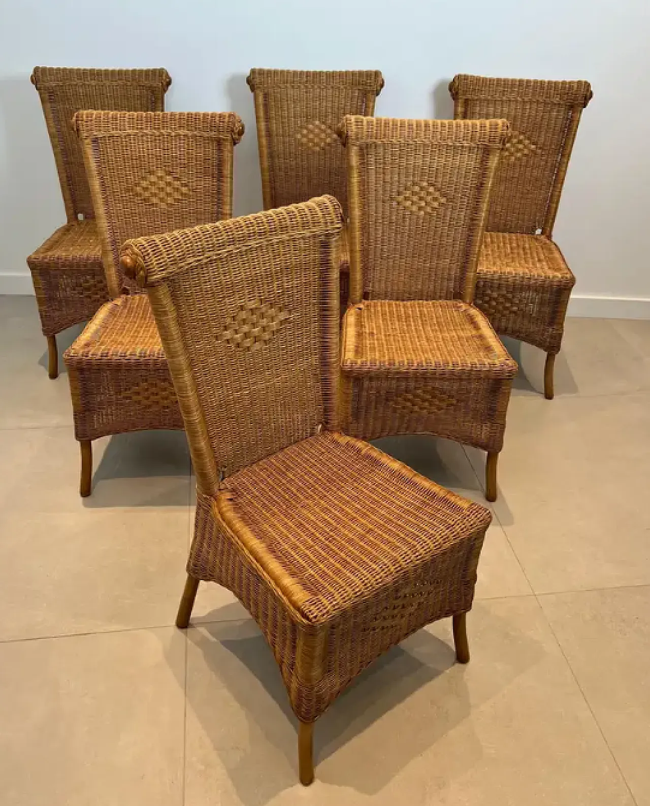 6 Sedie in rattan e legno, anni '70 3