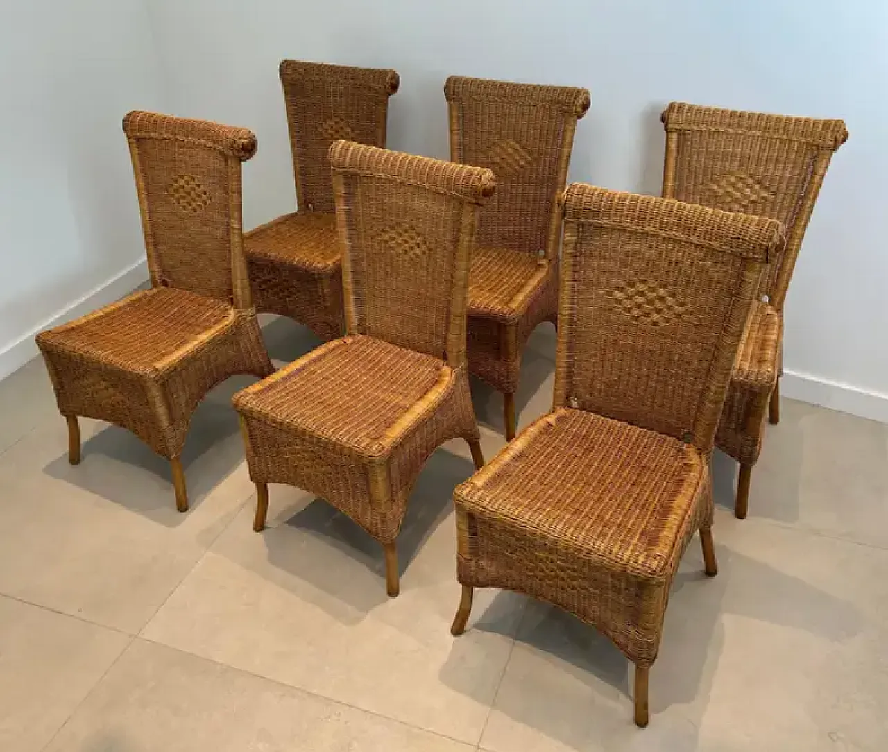 6 Sedie in rattan e legno, anni '70 11