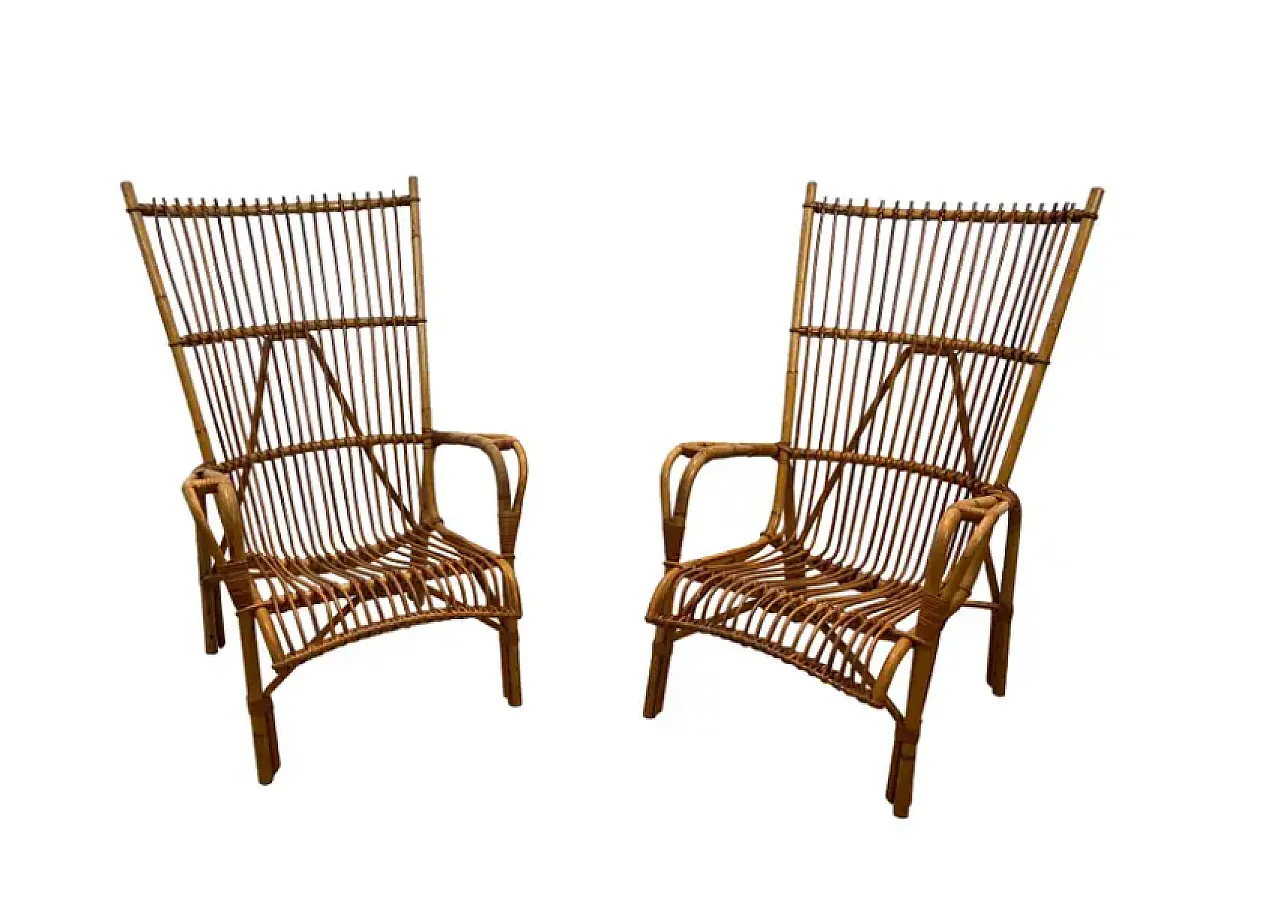 Coppia di poltrone di design in rattan, anni '50 1
