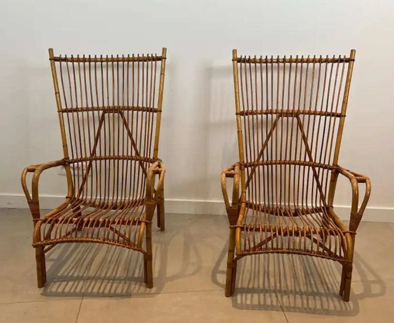 Coppia di poltrone di design in rattan, anni '50 2