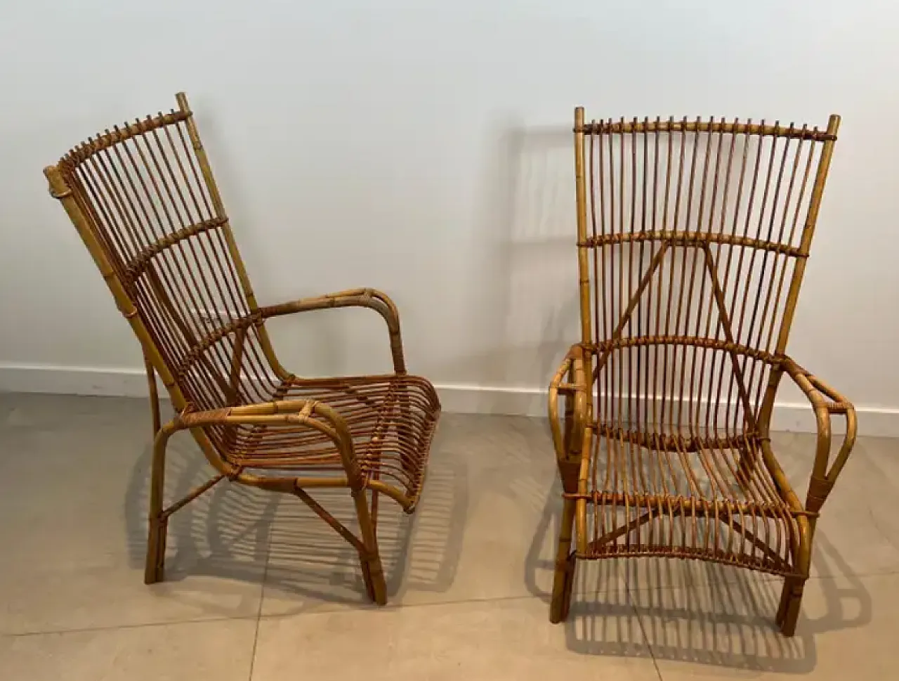 Coppia di poltrone di design in rattan, anni '50 13