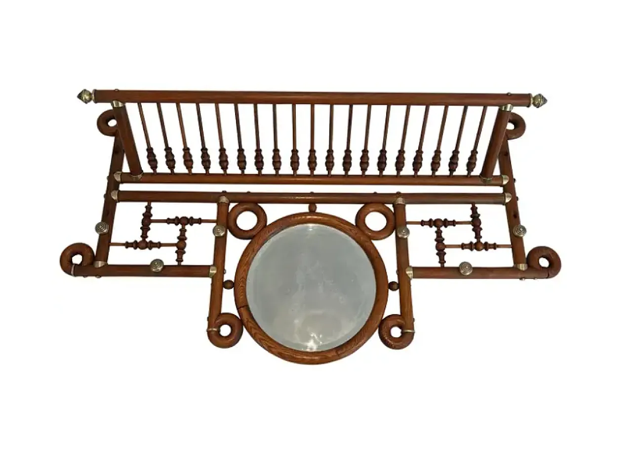 Appendiabiti da parete in legno e ottone curvato, primo '900 1