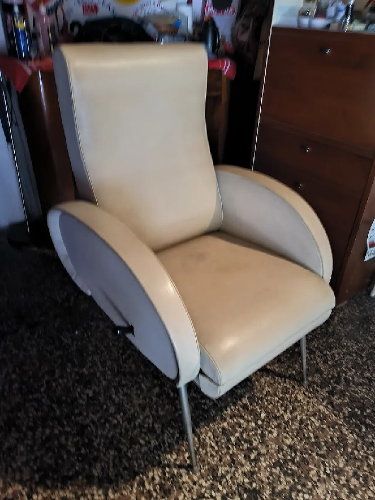 Poltrona Chaise Longue reclinabile, Ecopelle, Anni '50 Francia 1