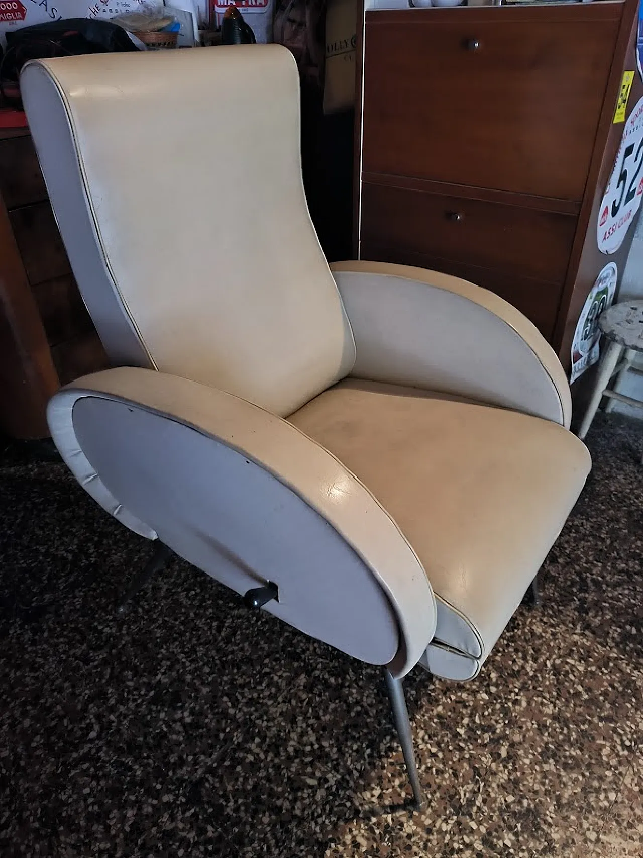 Poltrona Chaise Longue reclinabile, Ecopelle, Anni '50 Francia 2