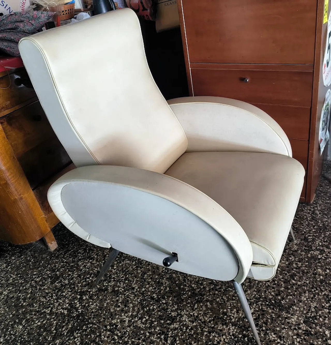 Poltrona Chaise Longue reclinabile, Ecopelle, Anni '50 Francia 5