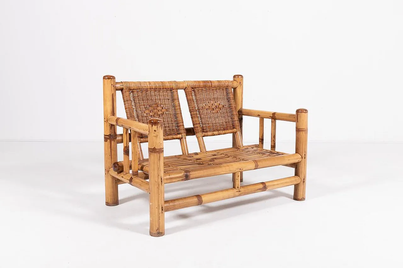 Italian bamboo and wicker bench, 1970s 1