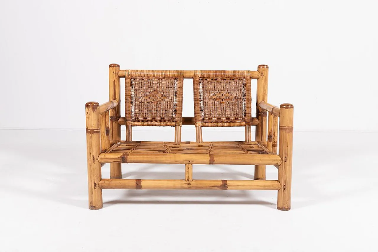 Italian bamboo and wicker bench, 1970s 2