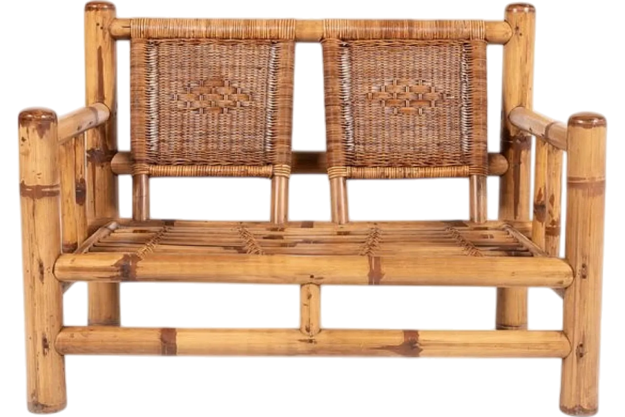 Italian bamboo and wicker bench, 1970s 15