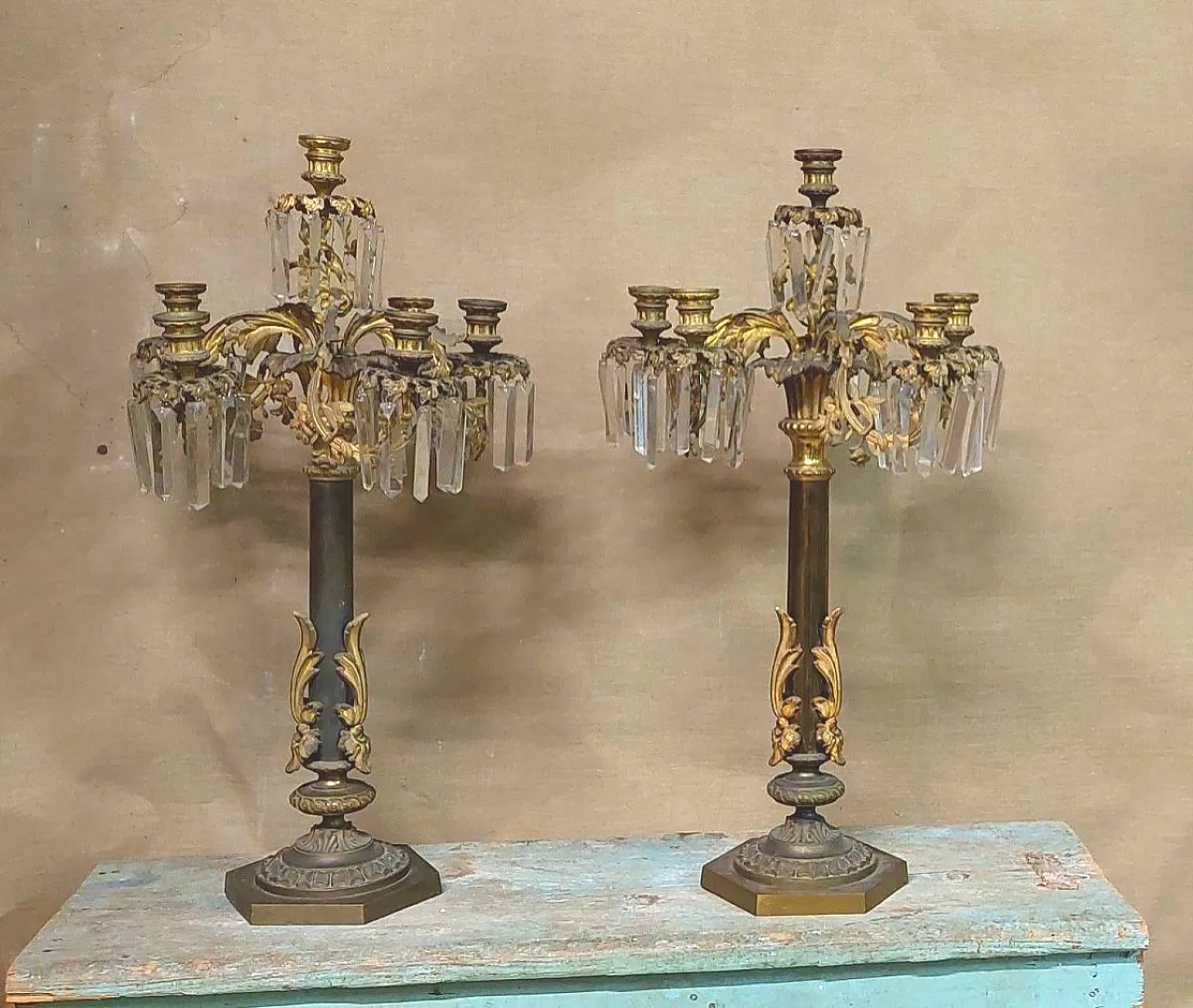 Pair of 6-light gilded bronze candlesticks, 19th century 1