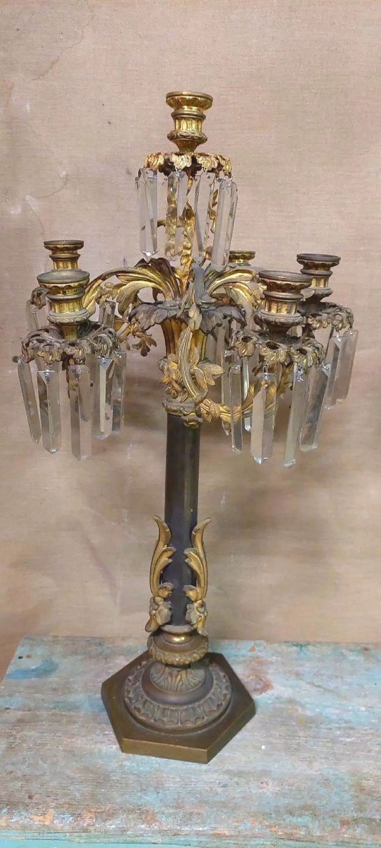 Pair of 6-light gilded bronze candlesticks, 19th century 2