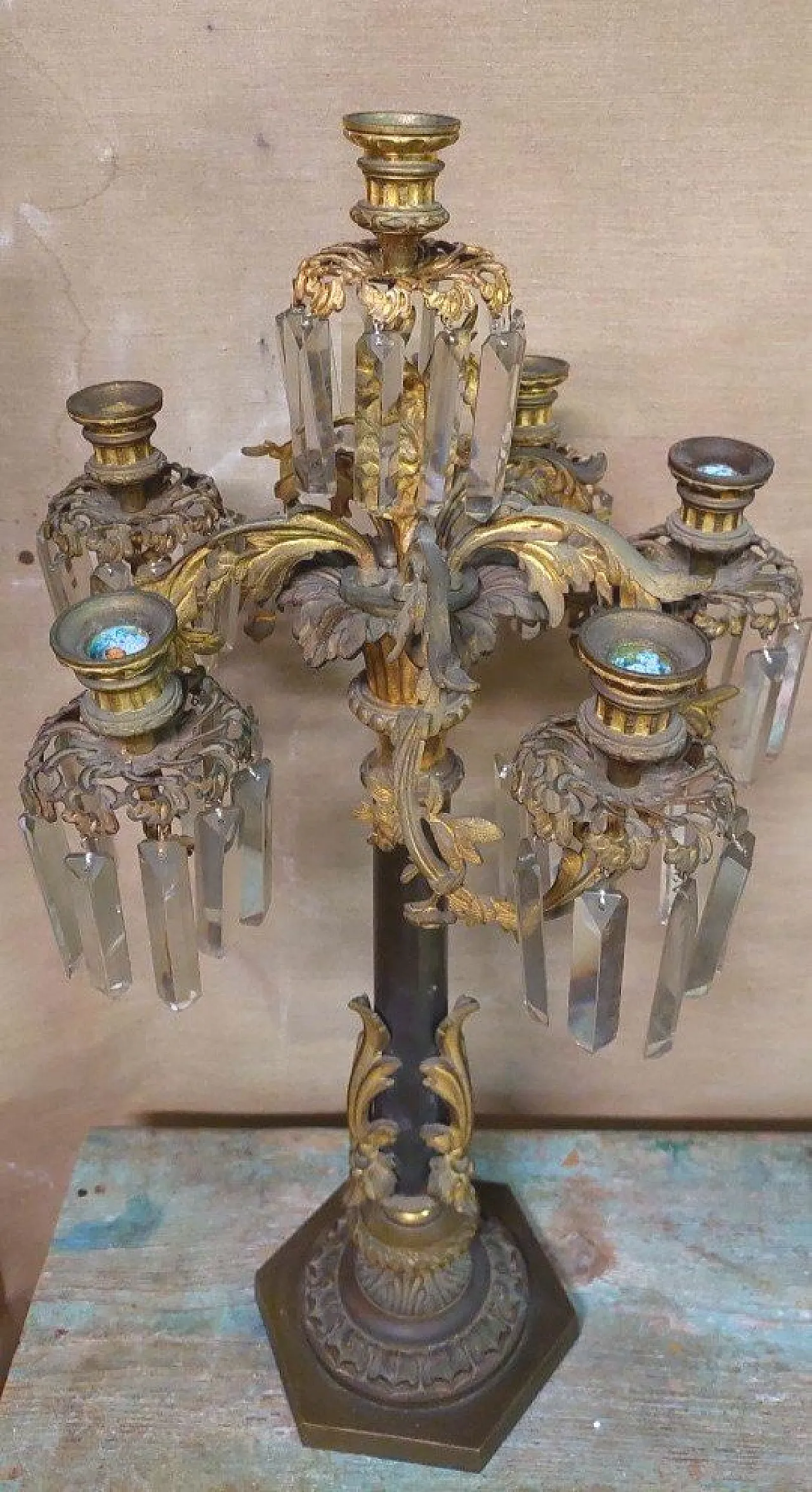 Pair of 6-light gilded bronze candlesticks, 19th century 9