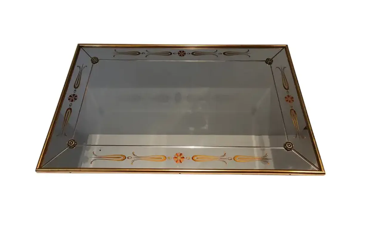 Specchio inciso con decorazioni in oro e rosso, anni '70 1
