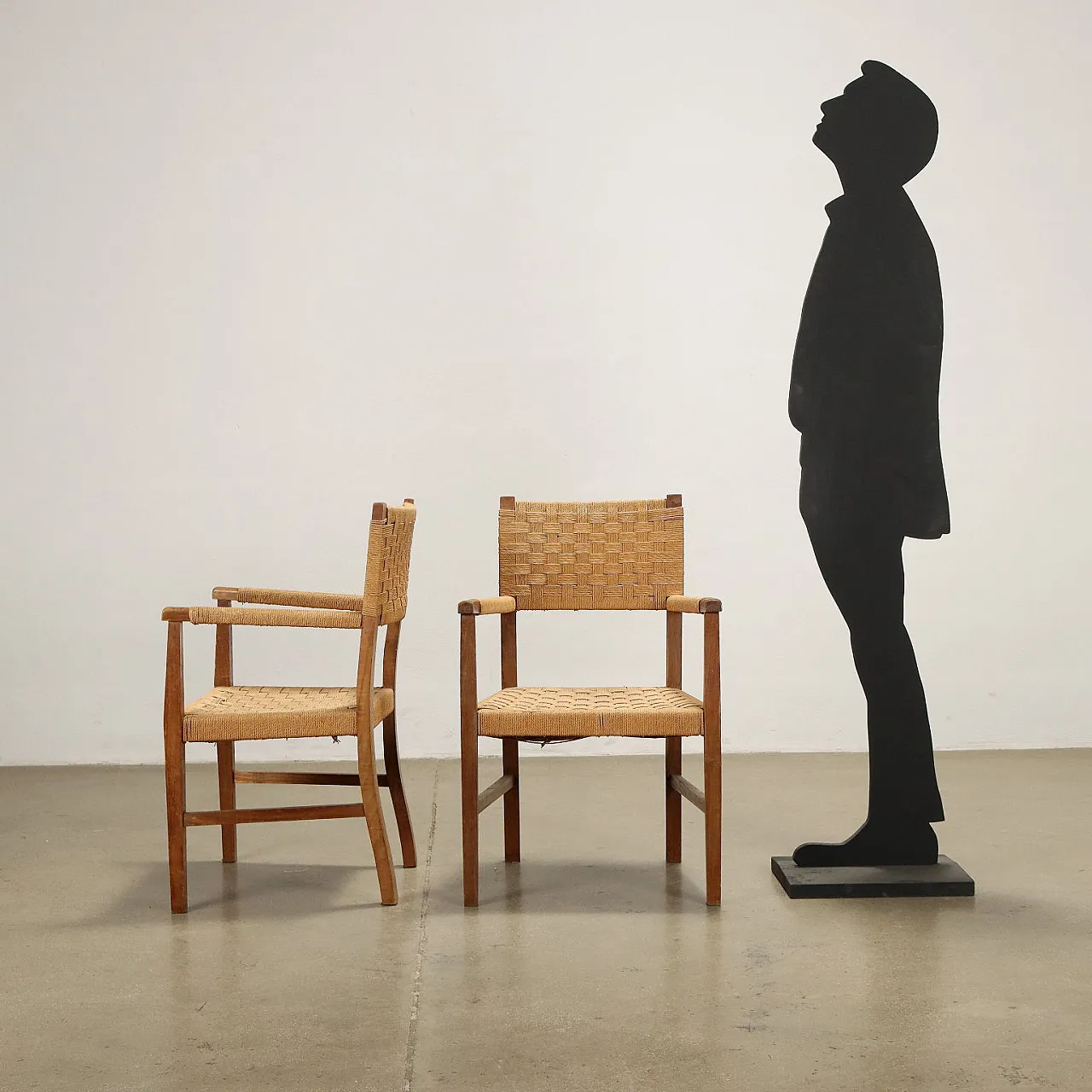 Coppia di poltrone in rovere e corda intrecciata, anni '50 2