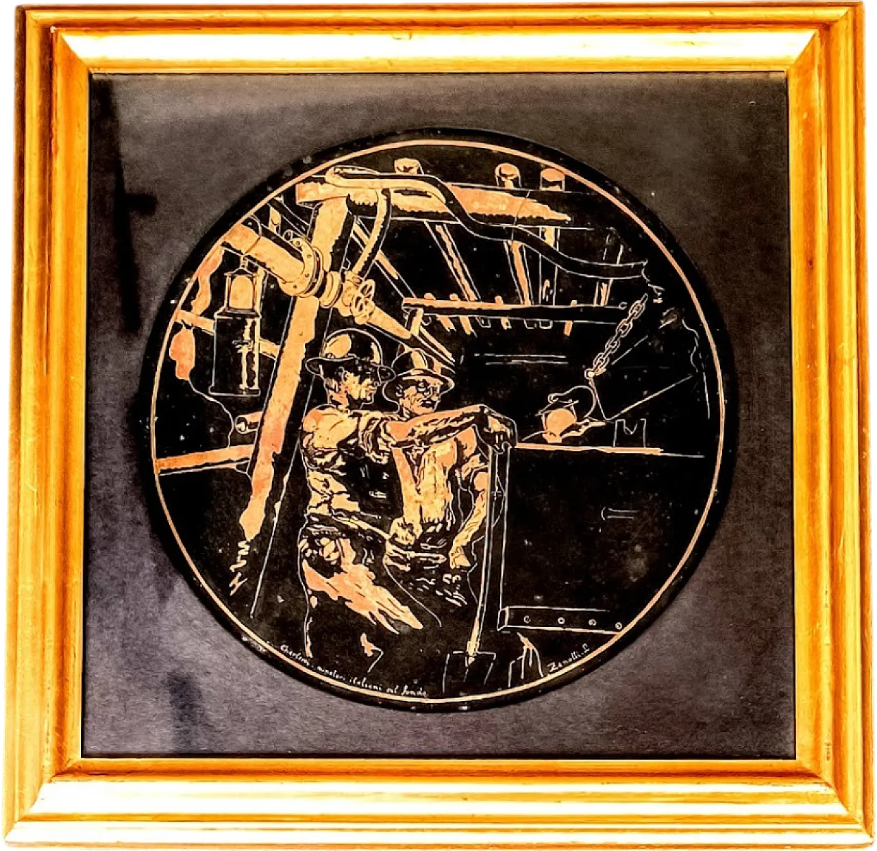 Miners in Charleroi, painted and engraved copper roundel, 1960 6