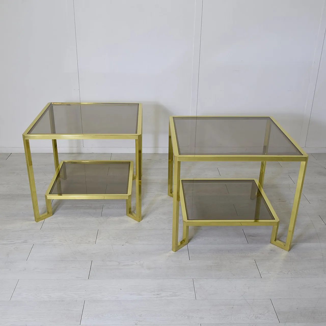 Pair of brass and smoked glass coffee tables by Maison Janson, 1970s 1