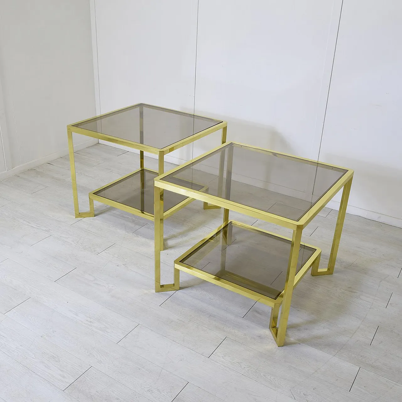 Pair of brass and smoked glass coffee tables by Maison Janson, 1970s 2