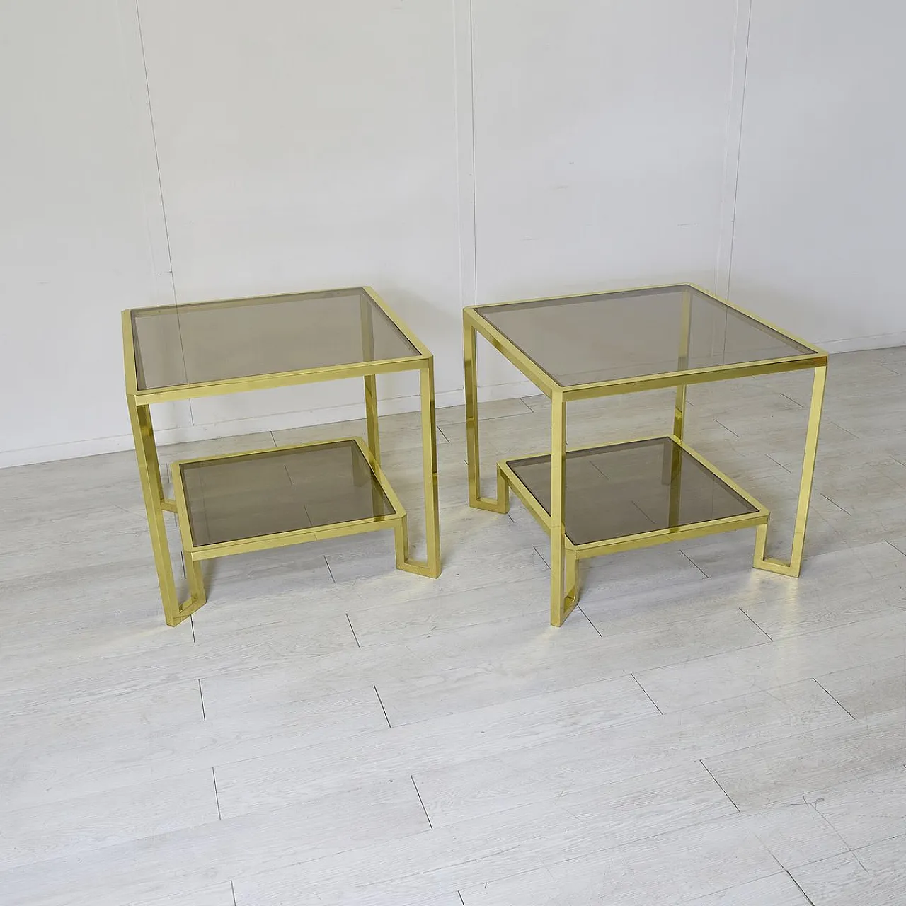 Pair of brass and smoked glass coffee tables by Maison Janson, 1970s 3