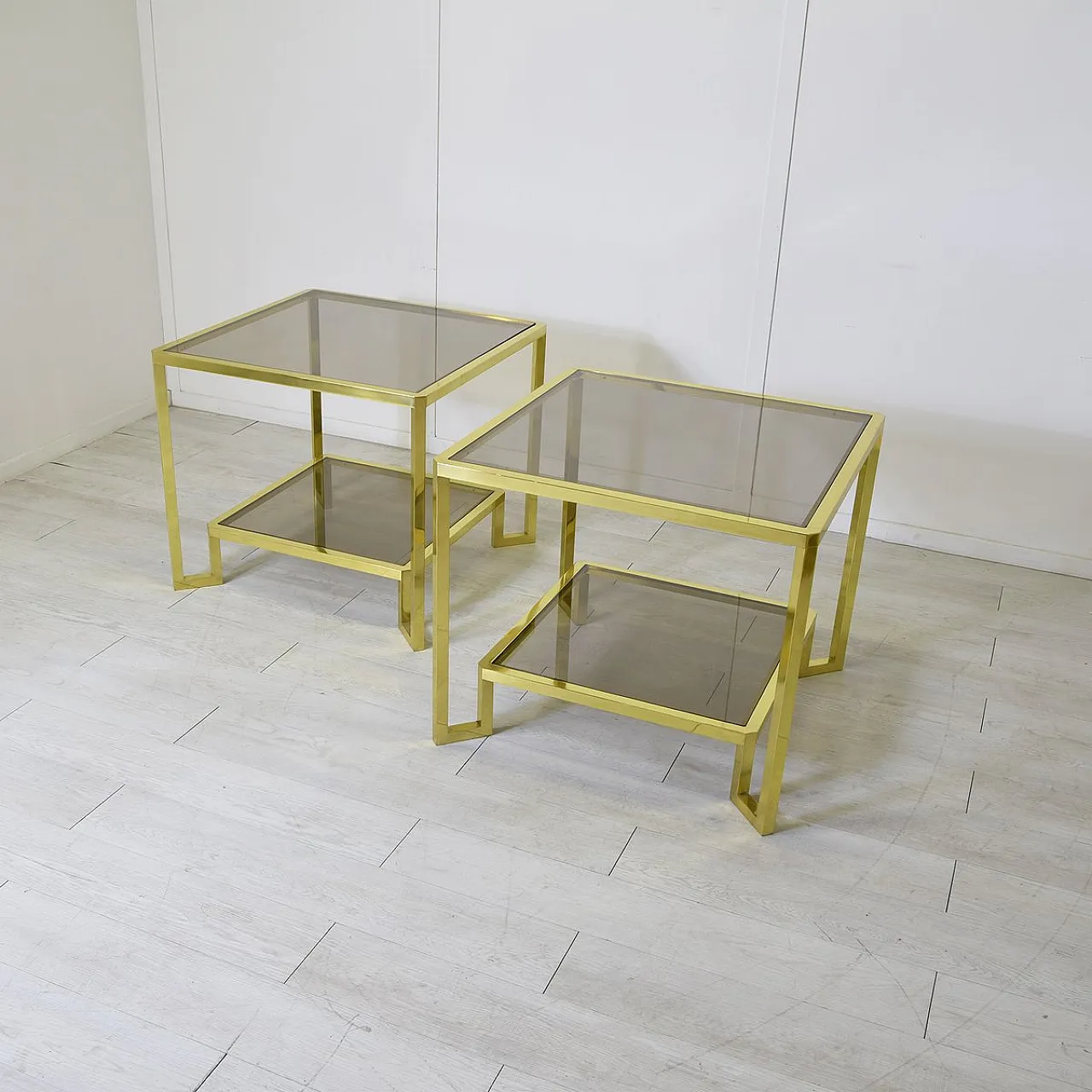 Pair of brass and smoked glass coffee tables by Maison Janson, 1970s 4