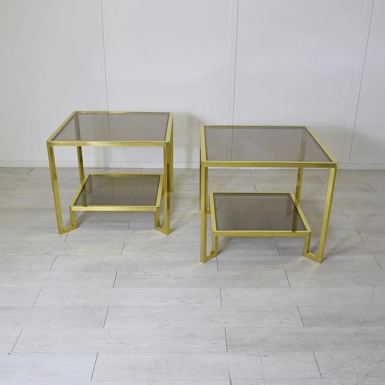 Pair of brass and smoked glass coffee tables by Maison Janson, 1970s 5