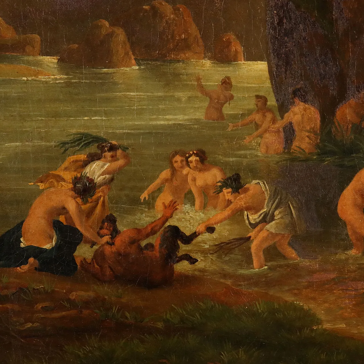 Attributed to Hippolyte Lebrun, The bath of nymphs disturbed by satyrs, oil on canvas, 19th century 4