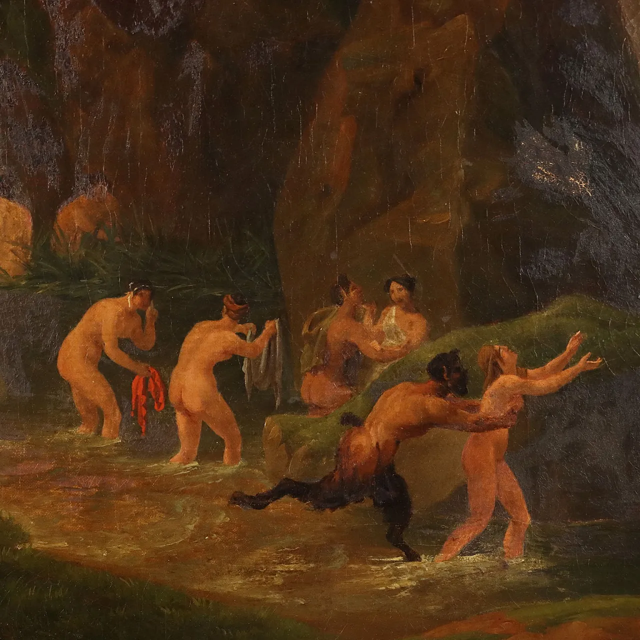 Attributed to Hippolyte Lebrun, The bath of nymphs disturbed by satyrs, oil on canvas, 19th century 5