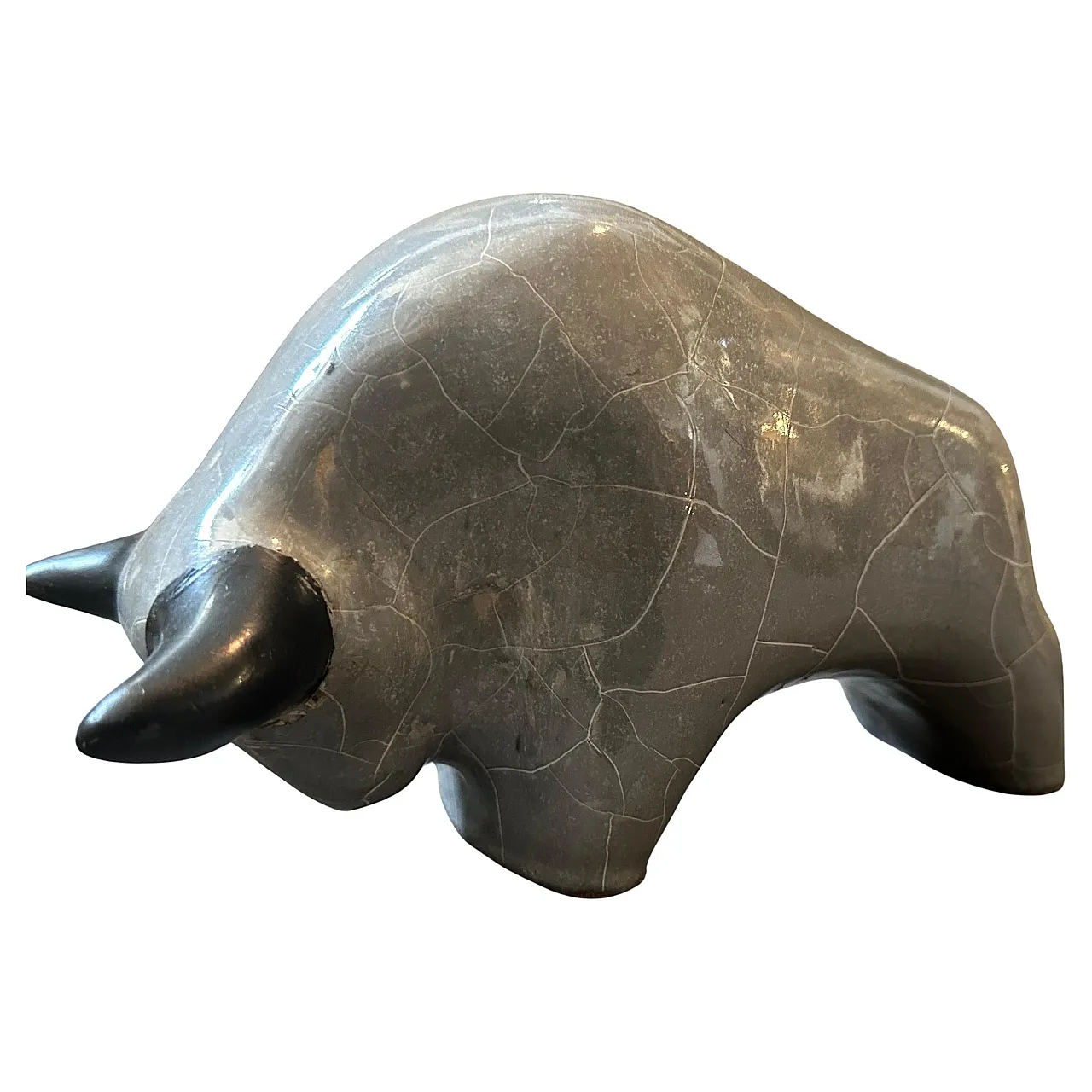 Modernist bull in grey and black lava ceramic, 1980s 1