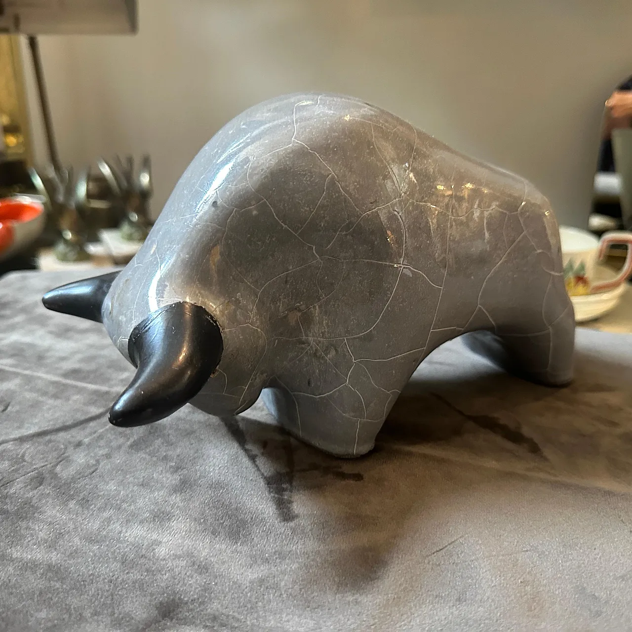 Modernist bull in grey and black lava ceramic, 1980s 2