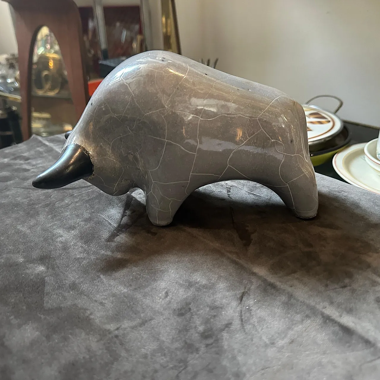 Modernist bull in grey and black lava ceramic, 1980s 3